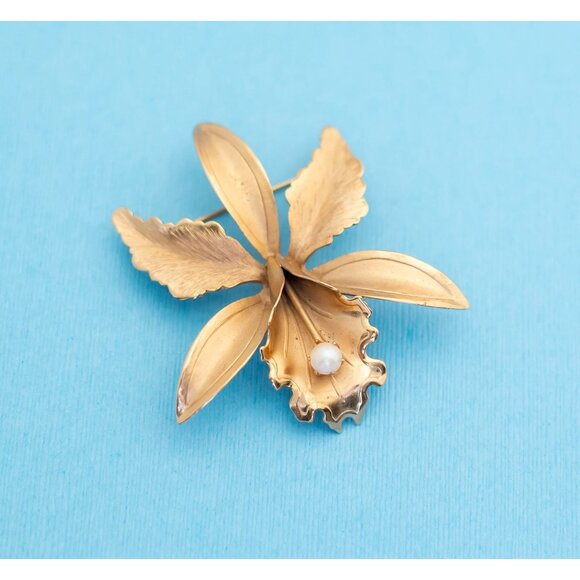 Vintage Golden Pearl Eye Flower Brooch - N4 - Picture 1 of 2